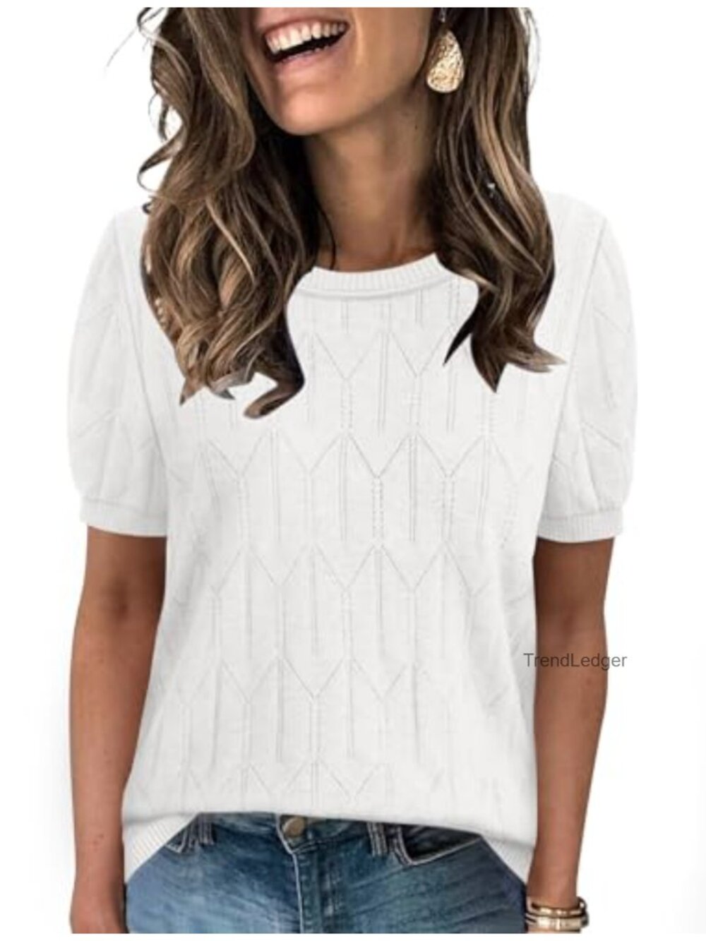 Sampeel Short Sleeve Knit Sweater Womens Crew Neck Ribbed Hem Work Top